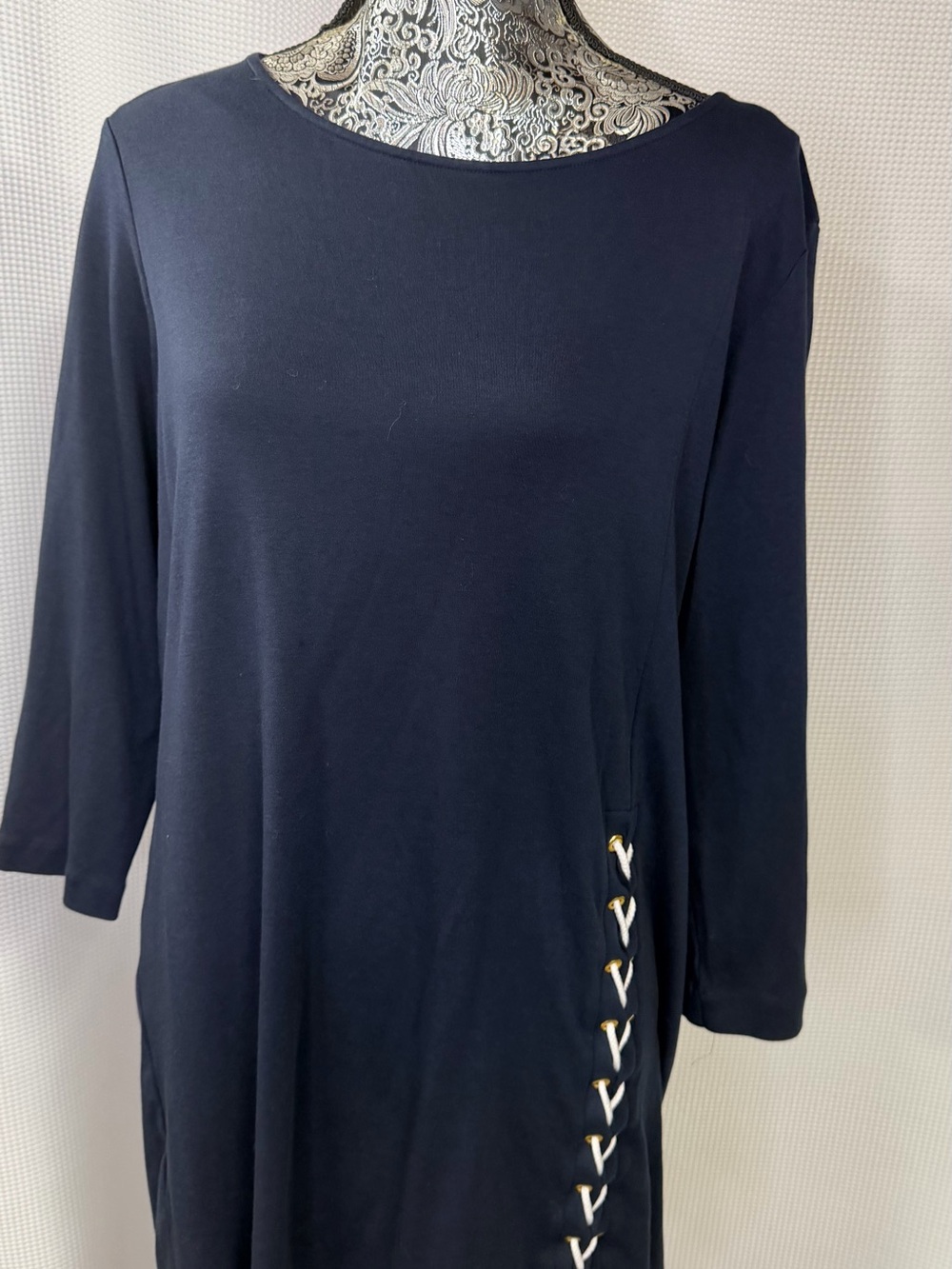 Joan Vass Navy Long Sleeve Tunic with Side Eyelet Detail